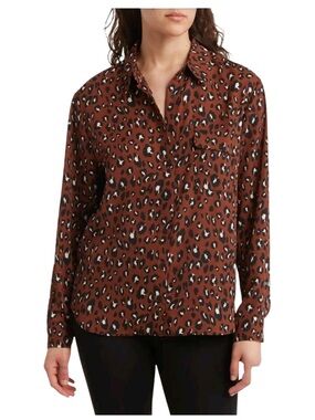 Pleione | Burnt Orange Leopard Print Button-Up Blouse Top - Size XS